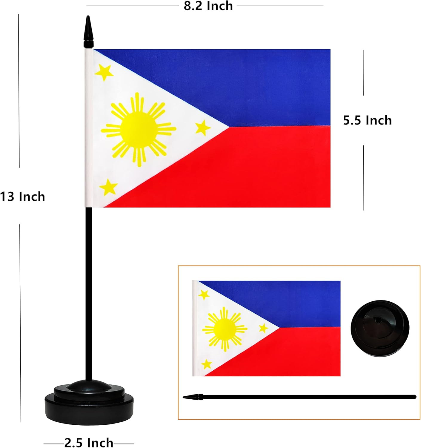 12 Pack Philippine Desk Flags Set, Philippine Small Mini Table Office Flags with 12" Solid Black Pole, 8.2 x 5.5 Inches, Home and Office Decoration, Festival Celebrations
