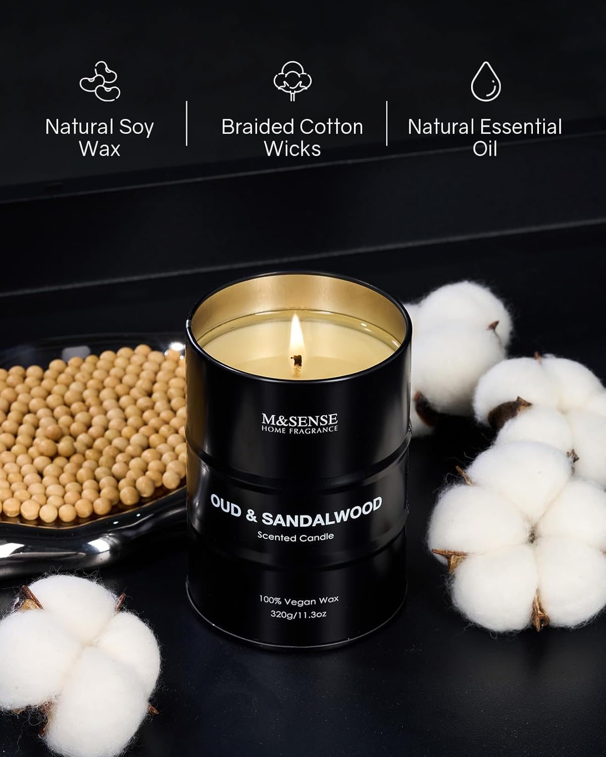 M&SENSE Scented Candle, Oud Sandalwood Medium Jar Candle Gifts for Men, 70 Hours Slow Burning Natural Soy Candles 11.3oz, Stress Relief Aromatherapy Candles Home Decor, Valentines Day Gifts for Him