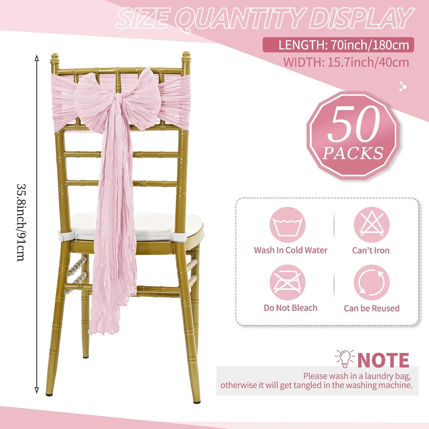 50 PCS Cheesecloth Chair Sashes Bows Wedding Aisle Decorations Chair Ribbon Ties Back Sash for Wedding Party Events Banquet Chair Cover Decoration (Light Pink)