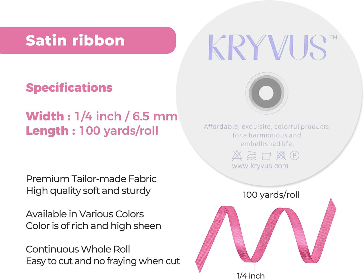 Hot Pink Satin Ribbon 1/4 inch X Continuous 100 Yards, Single Face Polyester Ribbon Perfect for Gift Wrapping, Flower Bouquet, Wedding Decor, Crafts, Bow Making, Sewing and More