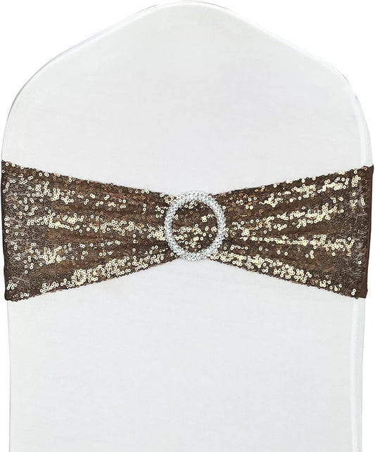 100 Pcs Chair Sashes Sequin Stretch Chair Bands Spandex Polyester Bows for Party Hotel Wedding Banquets Decoration - Coffee