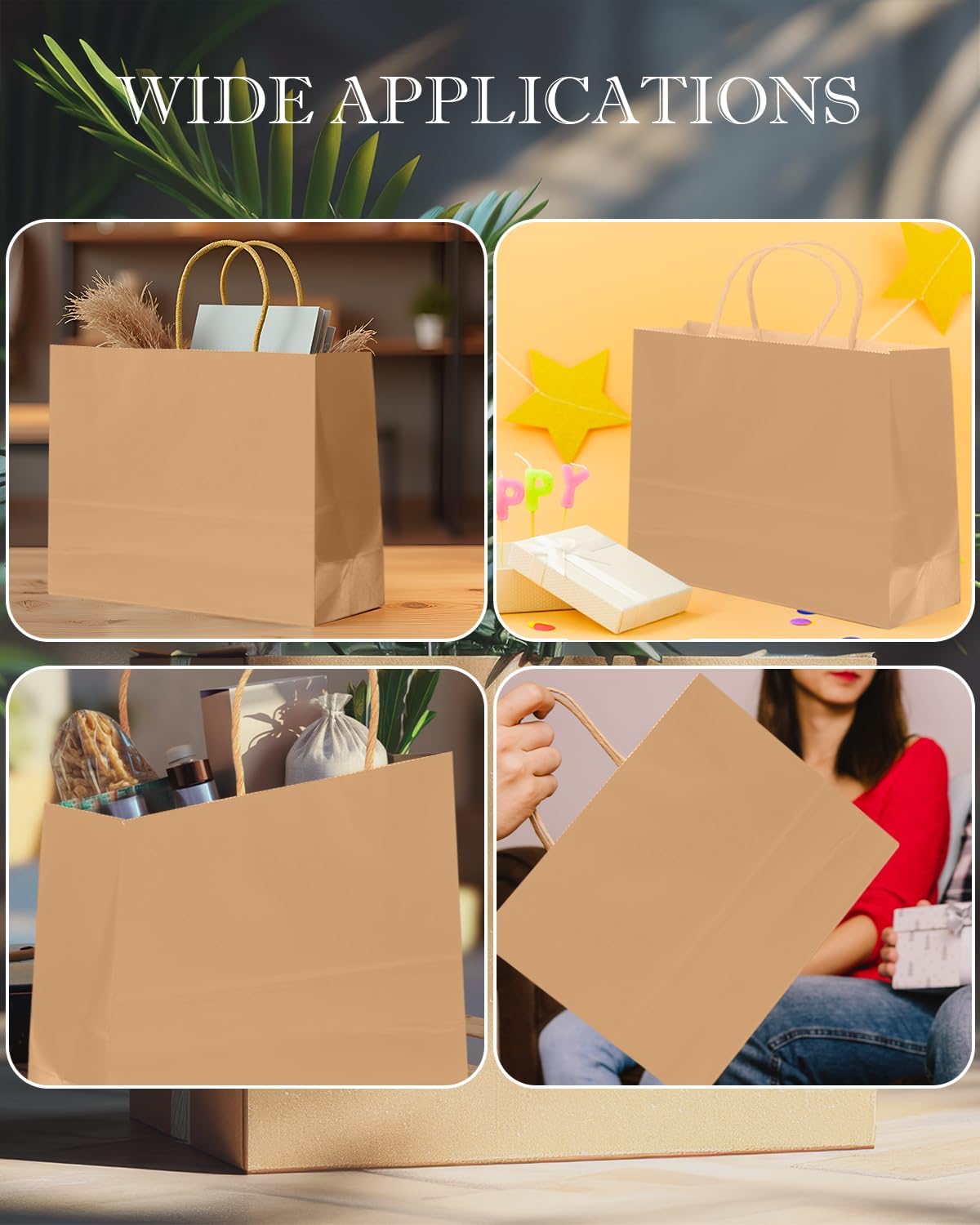 qiqee 50-Packs Brown Paper Gift Bags with Handles Bulk 12.6"x4.3"x10" Wide Large Size Party Favor Bags Multiple Uses