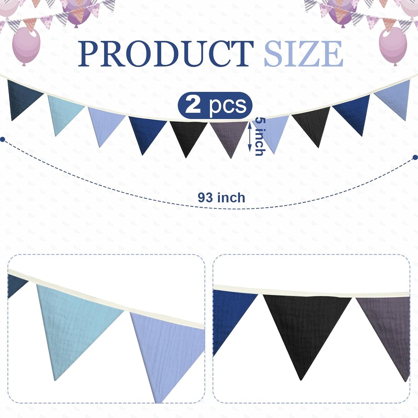 Oudain 15.5 ft Pennant Banner Flags, 2 Pcs Nursery Garland Triangle Bunting Flag Baby Banner for Nursery Decor Baby Birthday Boho Wedding Shower Party Event, Each 7.75 ft(Blue Color)