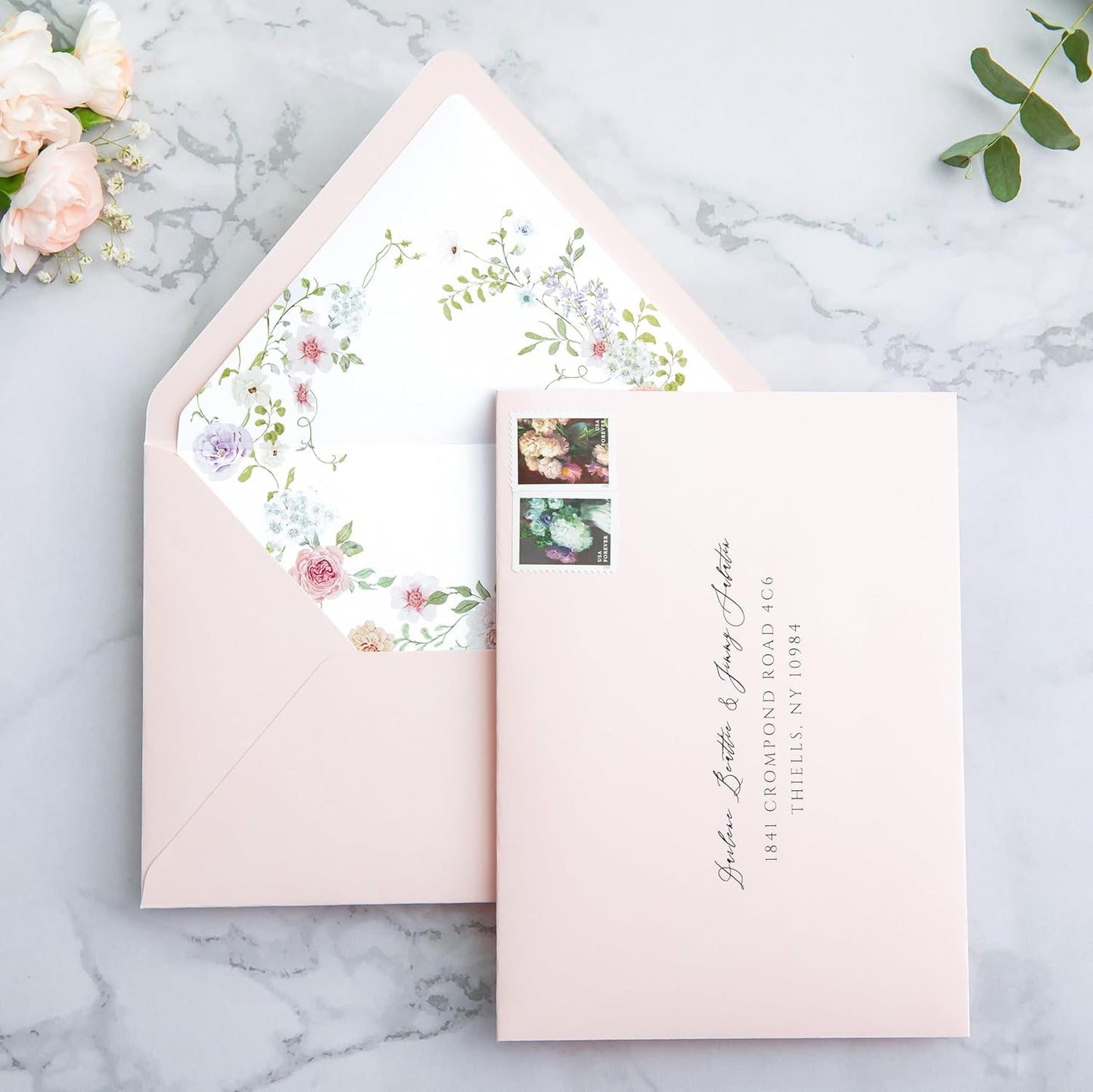 PONATIA 50PCS A7 Euro Flap Envelopes, 5.25 x 7.25'' Blush Pink Flowers Liner Envelopes for 5x7 Wedding Invitations, Photos, Postcards, Greeting Cards, Christmas Gift Cards, Acrylic Mailing