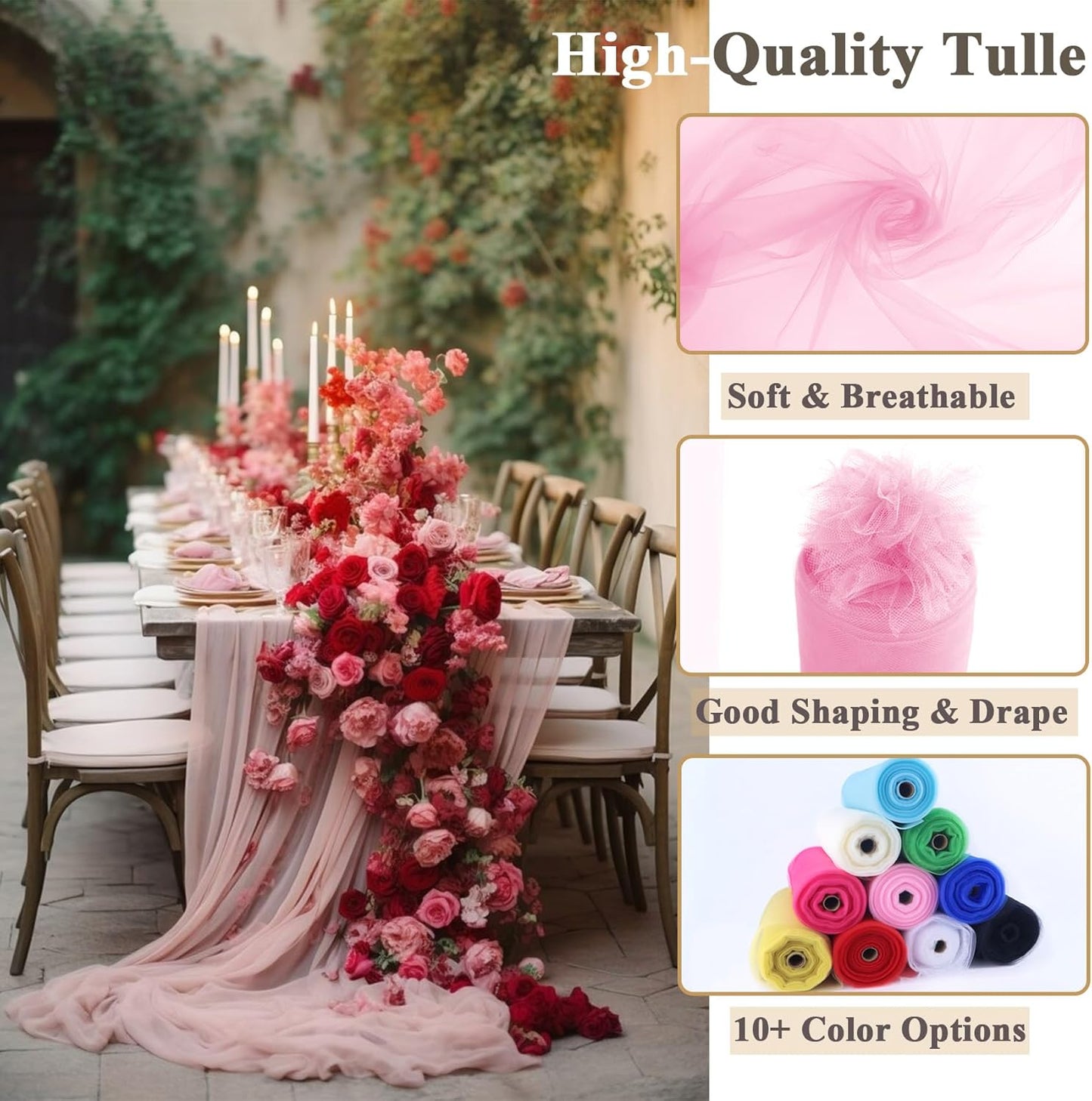 Pink Tulle Fabric Rolls 54 Inch x 10 Yards Large Mesh Tull Bolt for Wedding, Garden Netting, Tutu Skirt, Party Decoration and Craft Supplies
