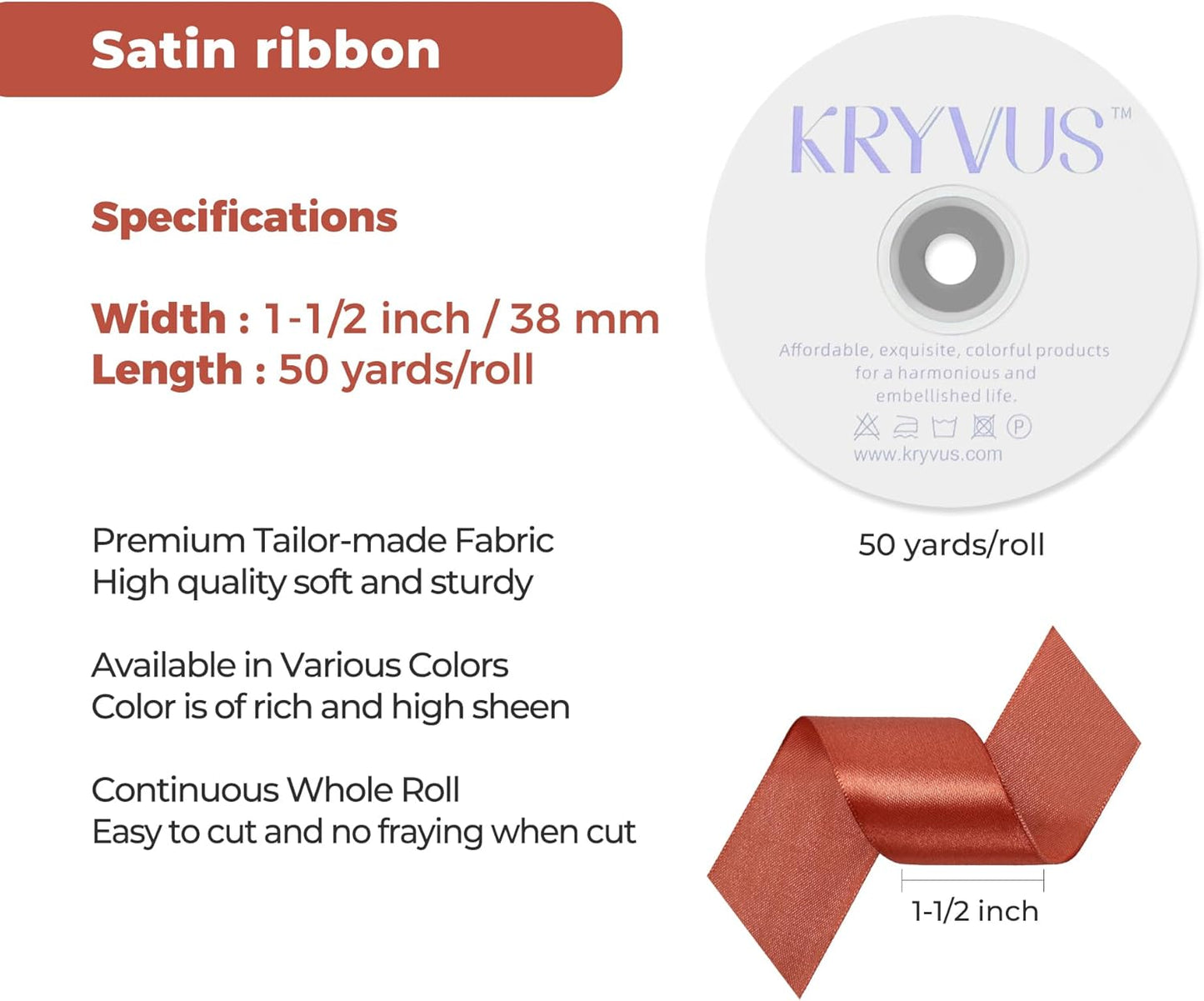 Copper Satin Ribbon 1-1/2 inch X Continuous 50 Yards, Single Face Polyester Ribbon Perfect for Gift Wrapping, Flower Bouquet, Wedding Decor, Crafts, Bow Making, Sewing and More