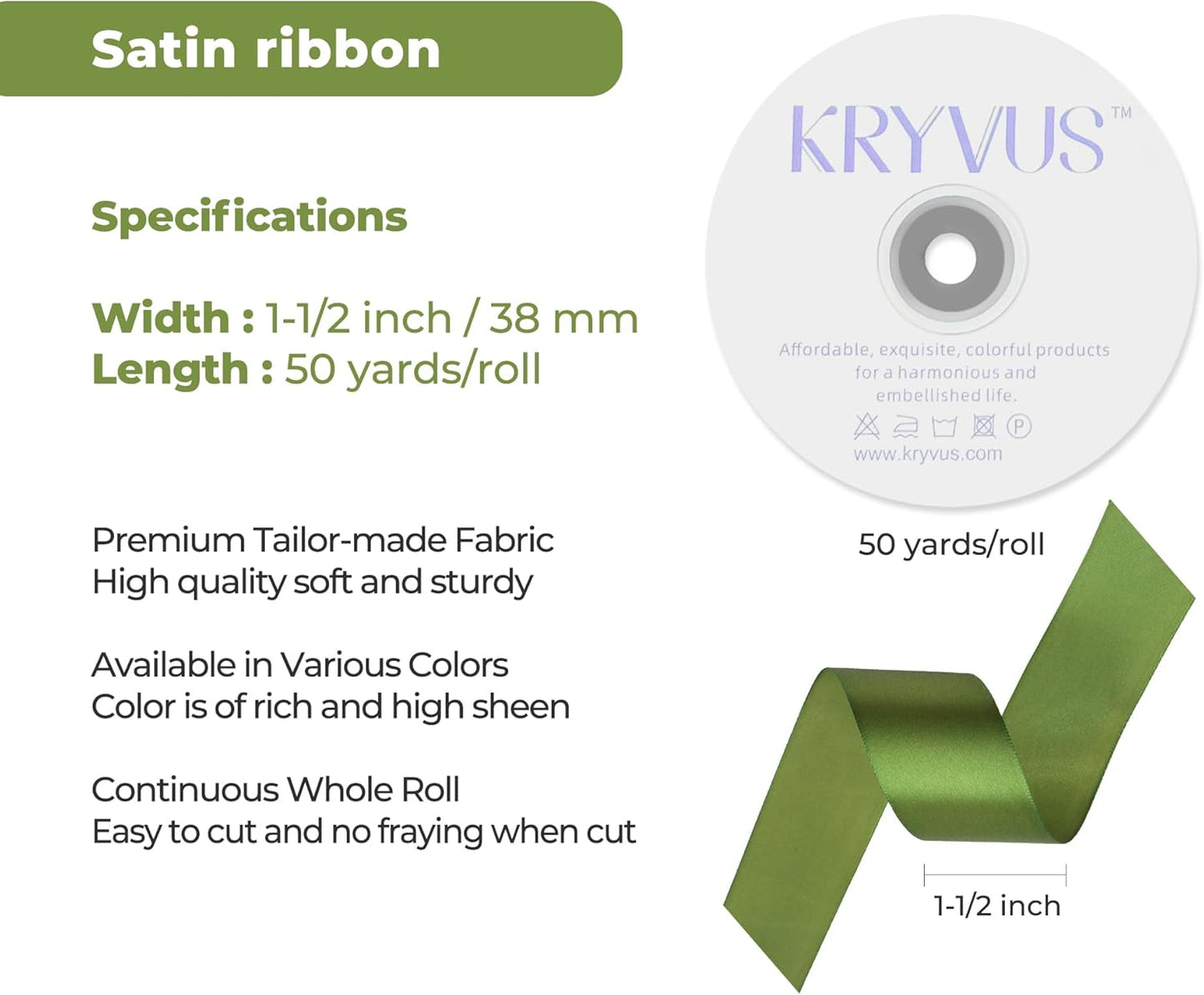 Olive Green Satin Ribbon 1-1/2 inch X Continuous 50 Yards, Single Face Polyester Ribbon Perfect for Gift Wrapping, Flower Bouquet, Wedding Decor, Crafts, Bow Making, Sewing and More