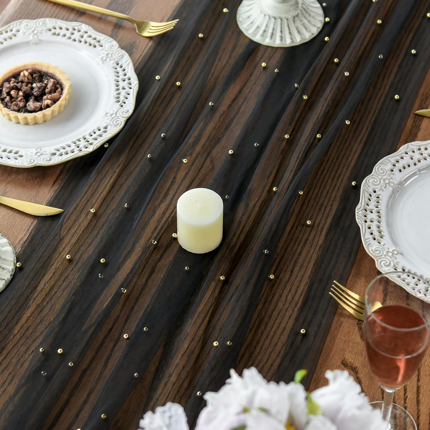 Artoid Mode 6PCS Pearl Black Gauze Table Runner 120 Inch 10FT, Seasonal Sheer Dining Holiday Wedding Birthday Baby Shower Table Decor for Home Party