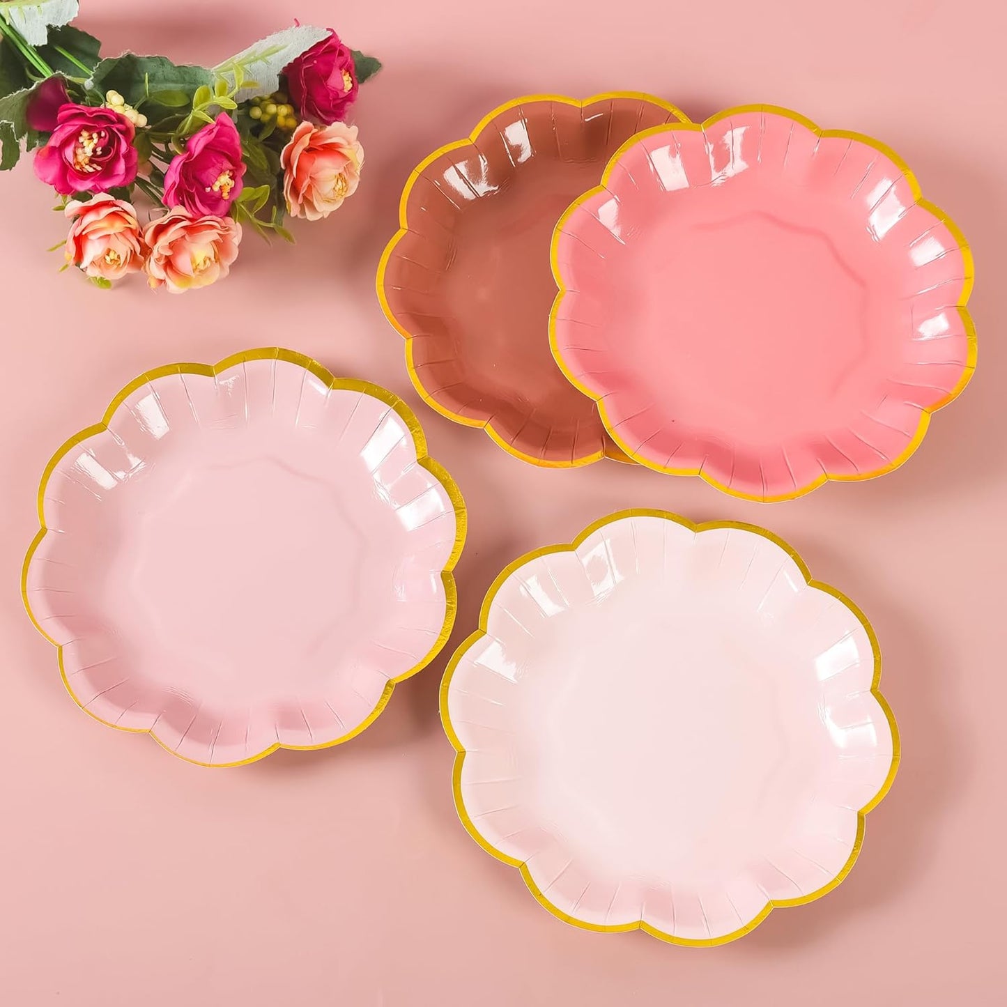 Dusty Pink Gradient Color Dessert Paper Plates 7 inch Gold Foil Scalloped Edge Disposable Cake Plates for Tea Party Birthday Bridal Baby Shower Wedding Party Supplies (24, Dusty Pink)