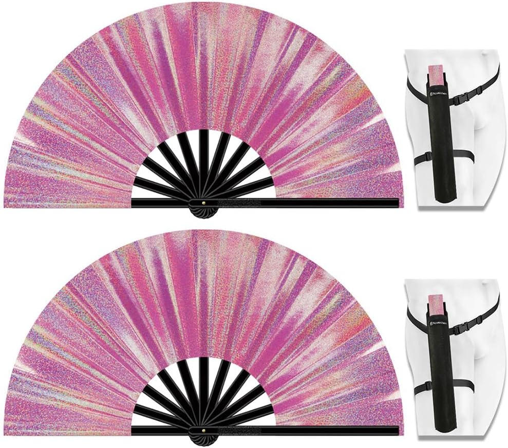 13" Large Folding Rave Fan with Holster, Clack Hand Fans Foldable for Line Dancing, Boots On The Ground Fan for Women Men Festival EDM Party Decoration, Lridescent Pink 2 Pack