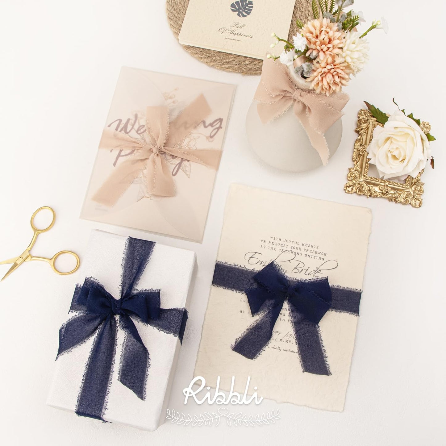 Ribbli Navy Ribbon 1 Inch x 3 Rolls Total 24 Yards Handmade Fringe Chiffon Silk Ribbon for Wrapping Wedding Invitations Bridal Bouquets DIY Crafts Home Decor