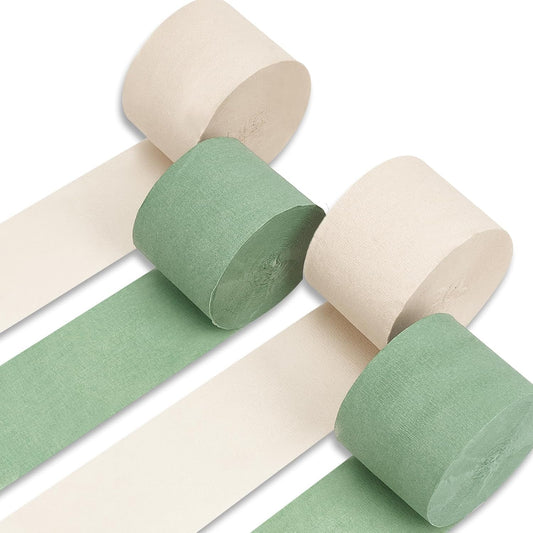 PartyWoo Sage Green Crepe Paper Streamers 4pcs 328ft Pack of Oliver Eucalyptus Green Sand White Crepe Paper Streamers for Birthday Baby Shower Woodland Dinosaur Jungle Football Party Decorations
