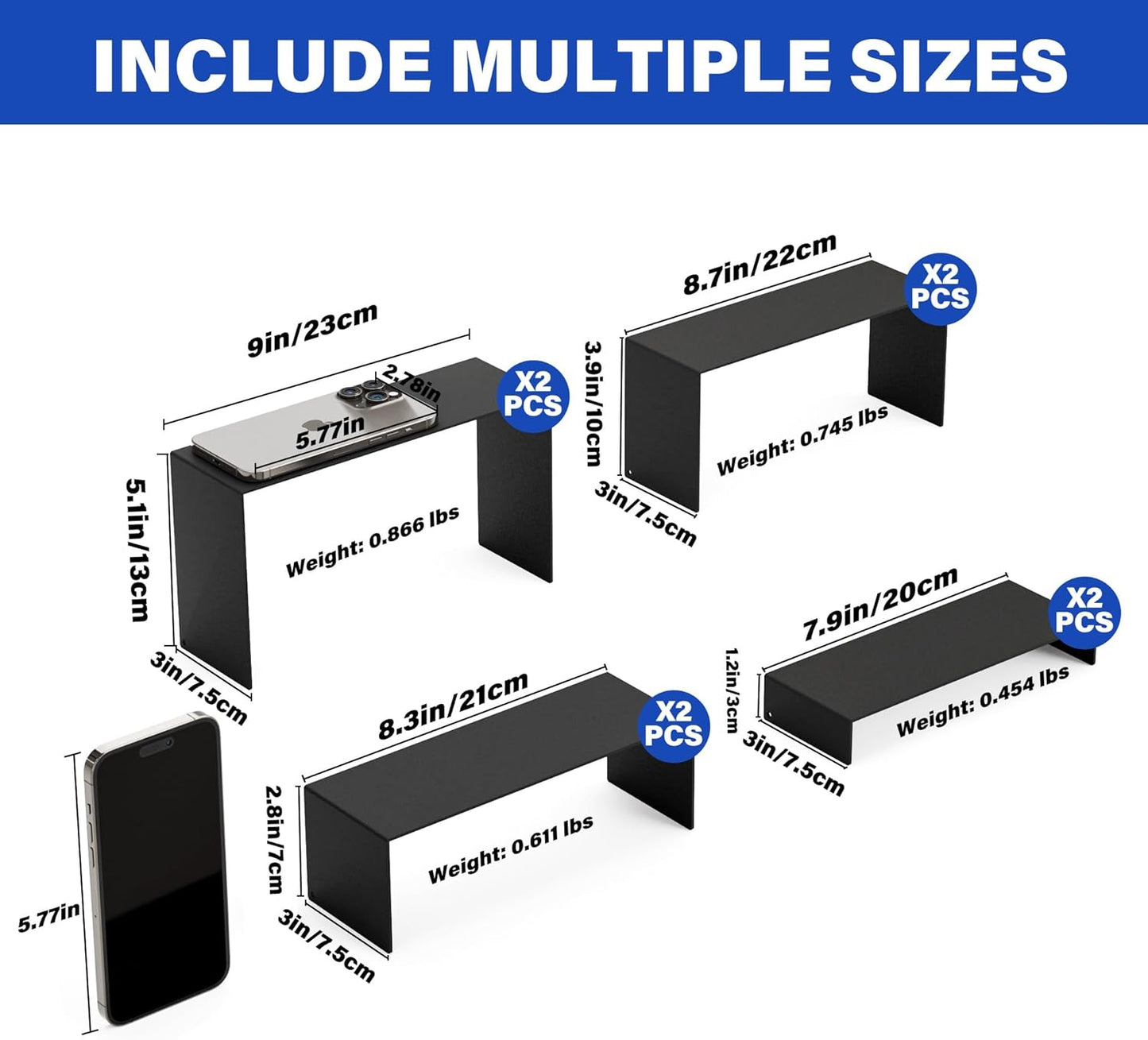 Black Matte Metal Display Stand,8 Pcs 2 Set Display Risers, Metal Rectangular Display Shelf for Showcase, Dessert, Toys, Perfume (8Pcs-Black, L7“x8”x9)