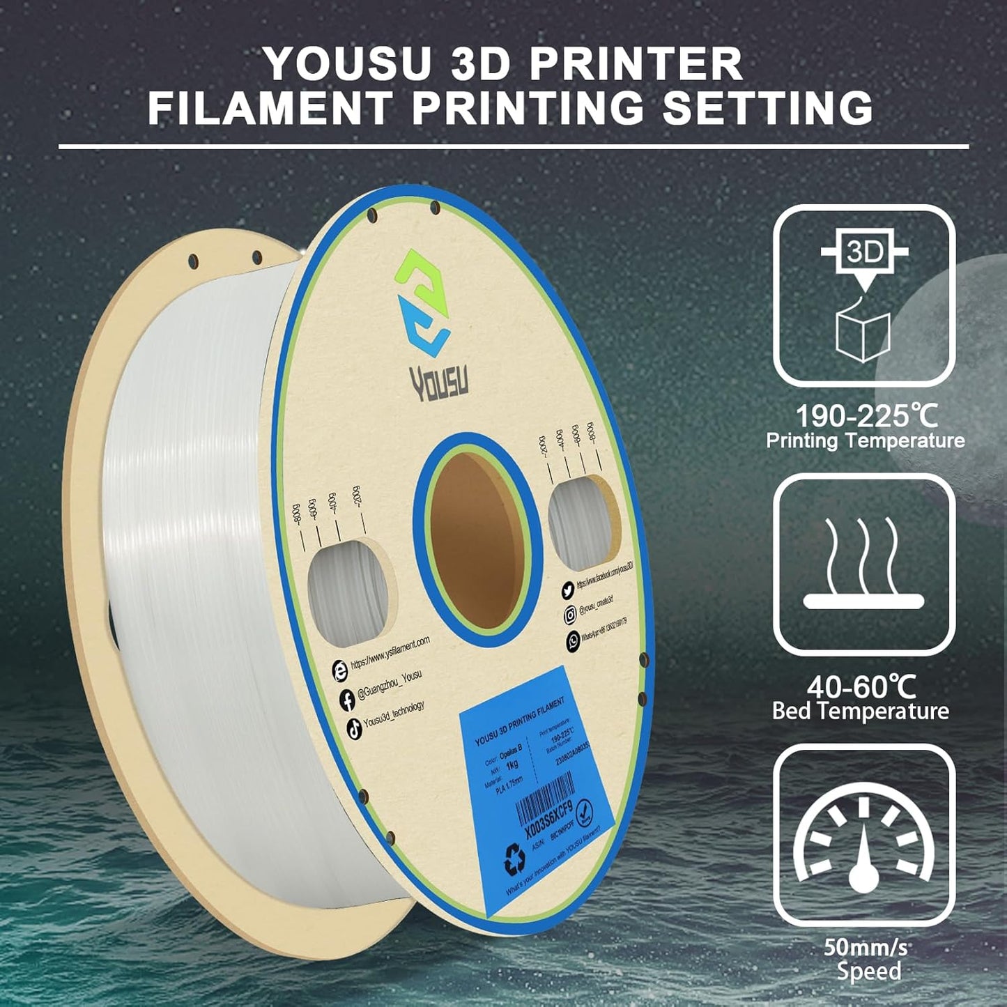 YOUSU Glow in The Dark Rainbow Luminous PLA Filament 1.75mm, 1kg 3D Printer Multicolor Filament Gradient, Color Change Filament with High Brightness, Fast Glow and Long Time Glowing.