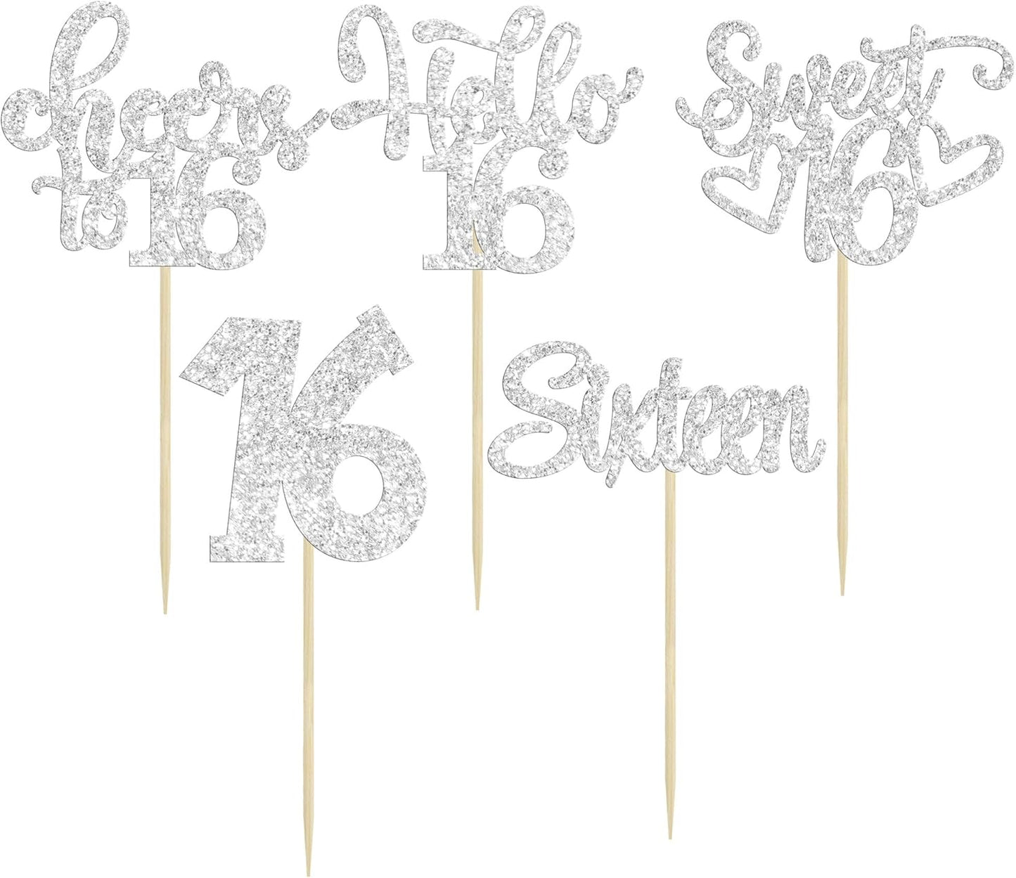 30pcs 16th Birthday Cupcake Toppers - Sixteen Happy Cupcake Picks, Cheers to Sweet 16 Cake Decorations - Silver Glitter