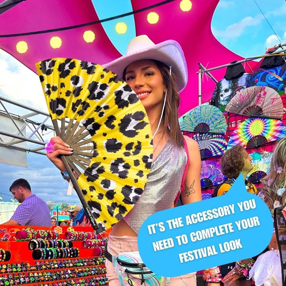 Kandies World UV Reactive Custom Festival Folding Hand Fan - Unique Designs, Made of Bamboo, Clacking Sound, Lightweight - Perfect Rave and Festival Accessory!
