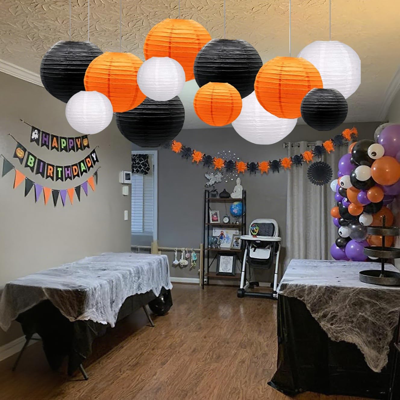 Orange Black White Paper Lanterns Decorative 12pcs Halloween Hanging Decorations for Graduation Thanksgiving Birthday Party Decorations