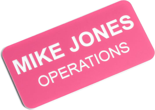 Custom Engraved Name Tag Badges – Personalized Identification with Pin or Magnetic Backing, 1.5 Inch x 3 Inches, Pink/White