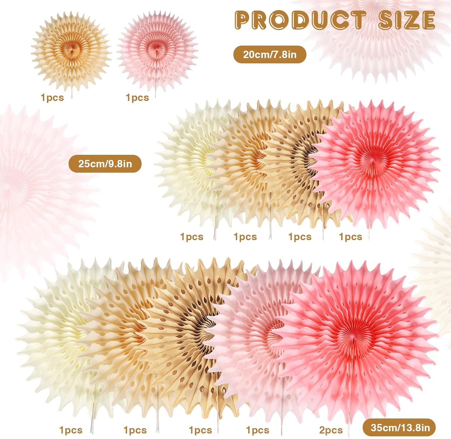 12PCS Paper Fans Champagne Gold Beige Boho Party Decorations Tissue Paper Flowers Decorations for Girl Groovy Birthday Baby Shower Wedding Bachelorette Room Wall Hanging Décor