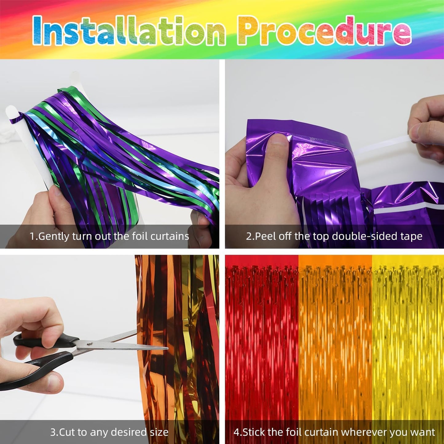 4 Pack Rainbow Backdrop Curtains,3.28 Ft x 6.56 Ft Rainbow Party Decorations,Metallic Tinsel Backdrop Fringe Curtains Party Streamer for Wedding Birthday Party