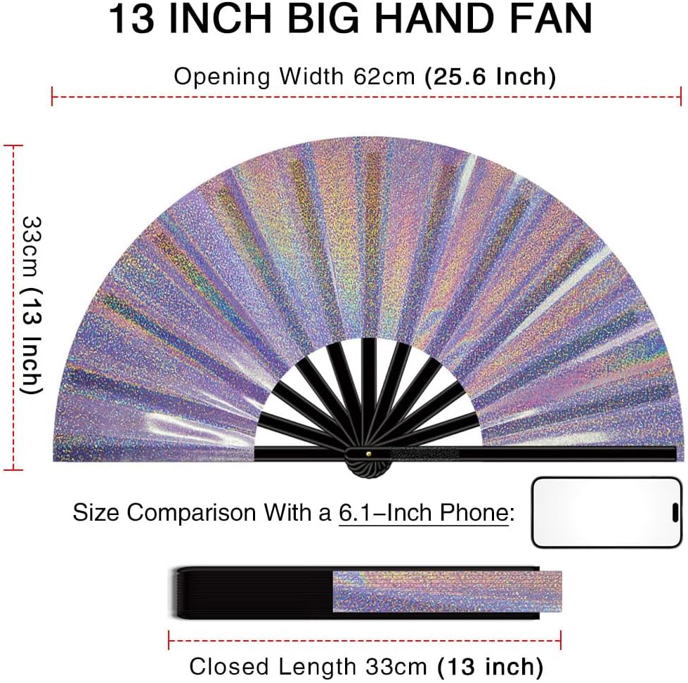 13" Large Folding Rave Fan with Holster, Clack Hand Fans Foldable for Line Dancing, Boots On The Ground Fan for Women Men Festival EDM Party Decoration, Lridescent Purple