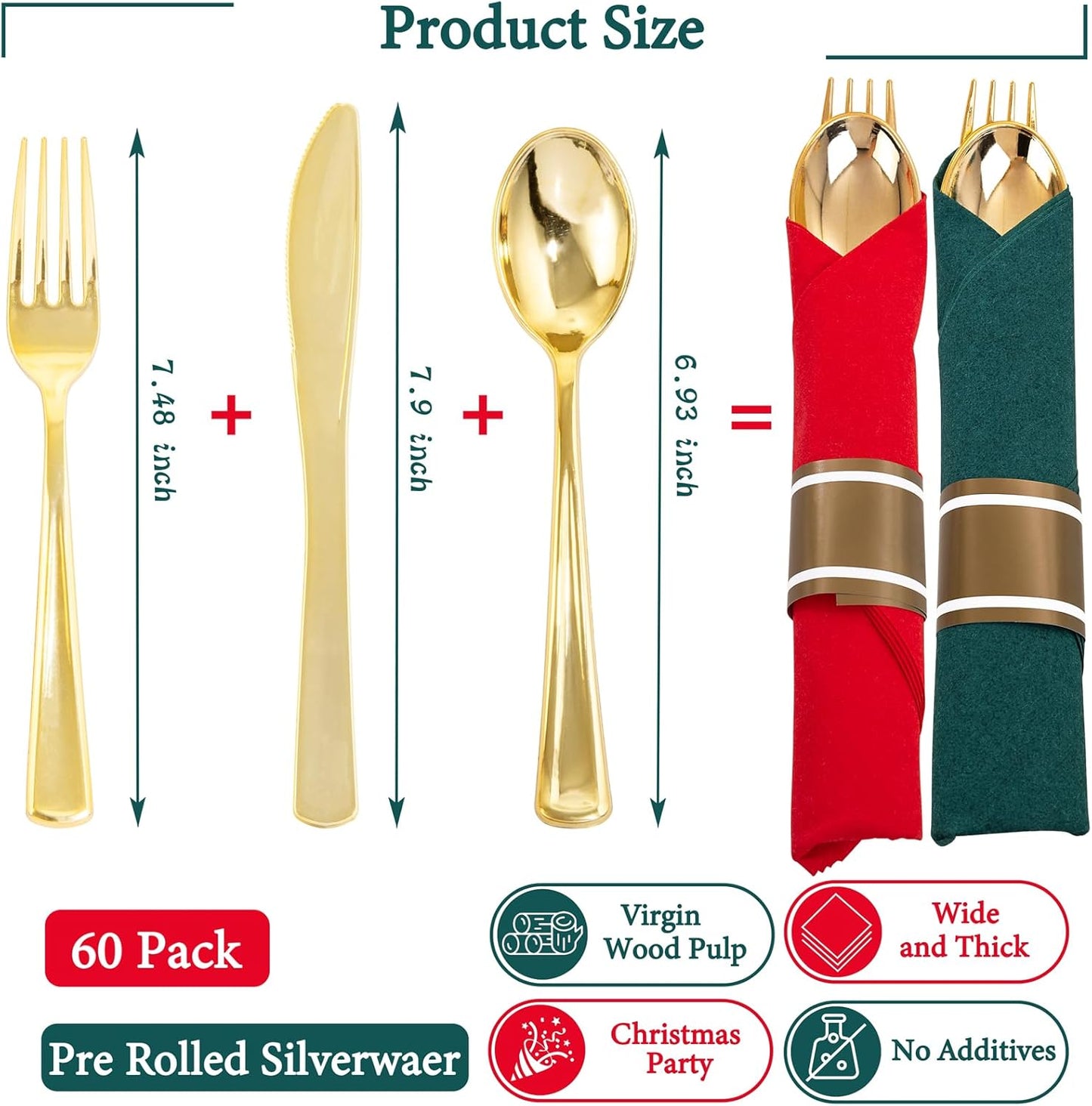 Supernal 240pcs Christmas Rolled Plastic Silverware,Gold Disposable Silverware,Wrapped Plastic Cutlery Set with Napkin,Pre Rolled Silverware Set Disposable,Christmas Cutlery Served for 60 Guests