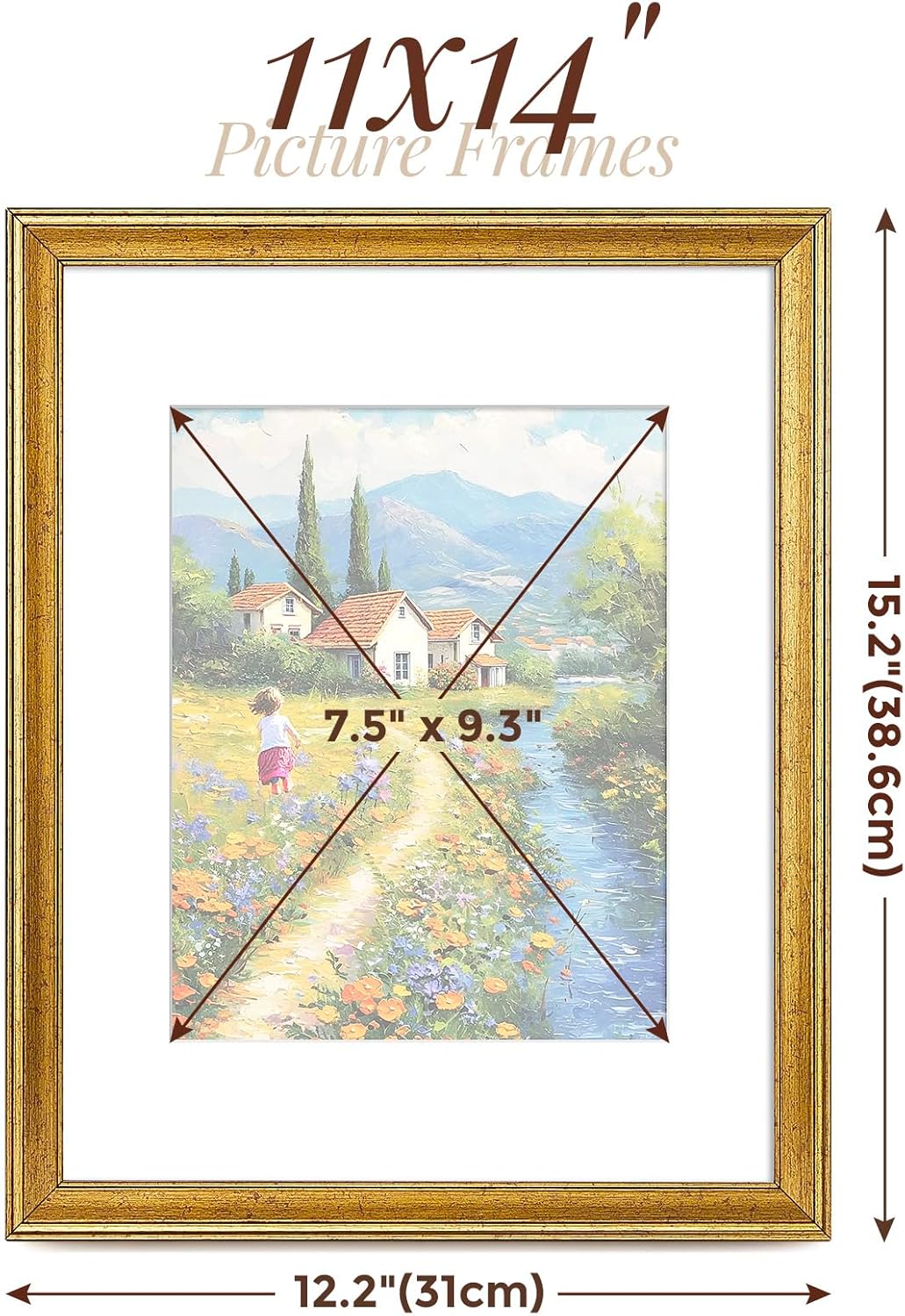 TWING 11x14 Gold Picture Frames Set of 6,Rustic Gold Frames Display Pictures 8x10 with Mat or 11x14 without Mat,Gallery Photo Frames for Wall Mounting,Ideal for Gift