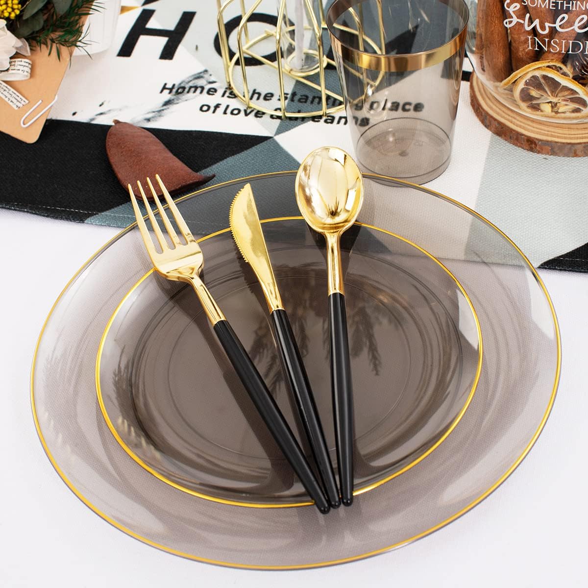 Supernal 180pcs Black Plastic Dinnerware Set Include Gold and Black Plates,Clear Disposable Plates,Gold Plastic Silverware，Clear Cups Suit for Party, Birthday