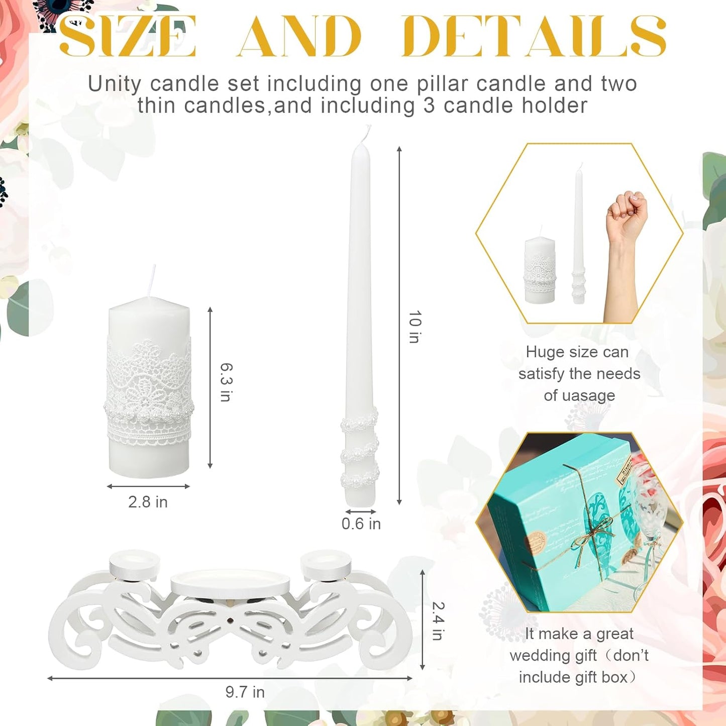 Irenare Unity Candles with Holder for Wedding Ceremony Wedding Decortions Accessories Glass Candle Holder Pillar Candle for Formal Events Church(Stylish Style)