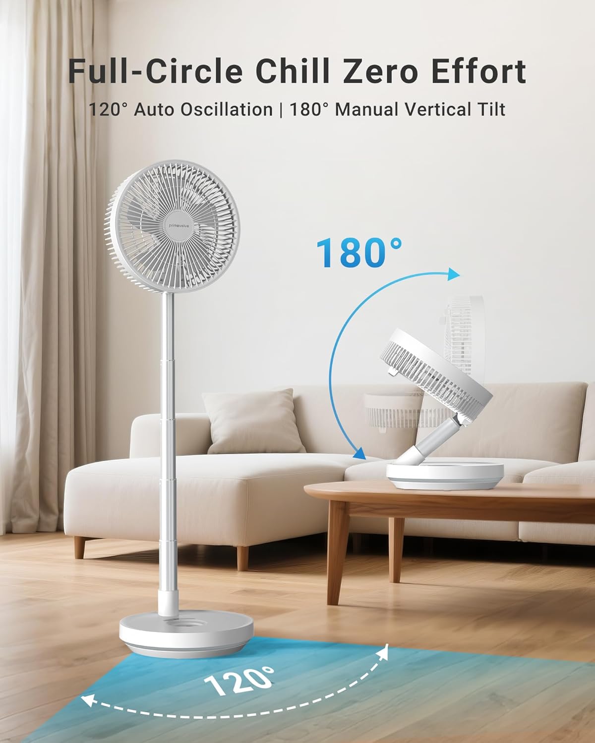 Primevolve Portable Rechargeable Oscillating Fan, Battery Operated Fan Adjustable Height, USB Home Office Outdoor Camping Travel, White 10"