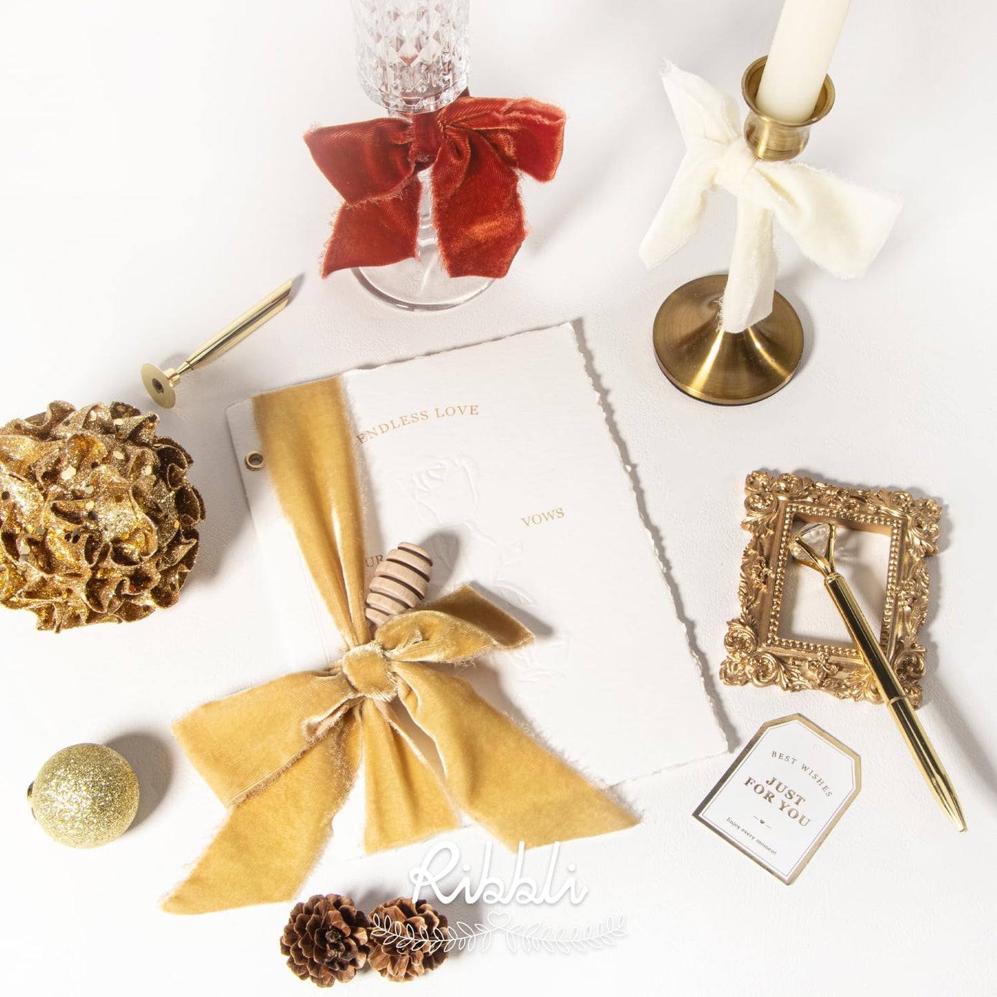 Ribbli Champagne Gold Velvet Ribbon 1.5 Inch Handmade Frayed Vintage Christmas Ribbon for Gift Wrapping Christmas Tree Ornament Wreath Craft Home Decor -Total 3 Yards with Wooden Spool