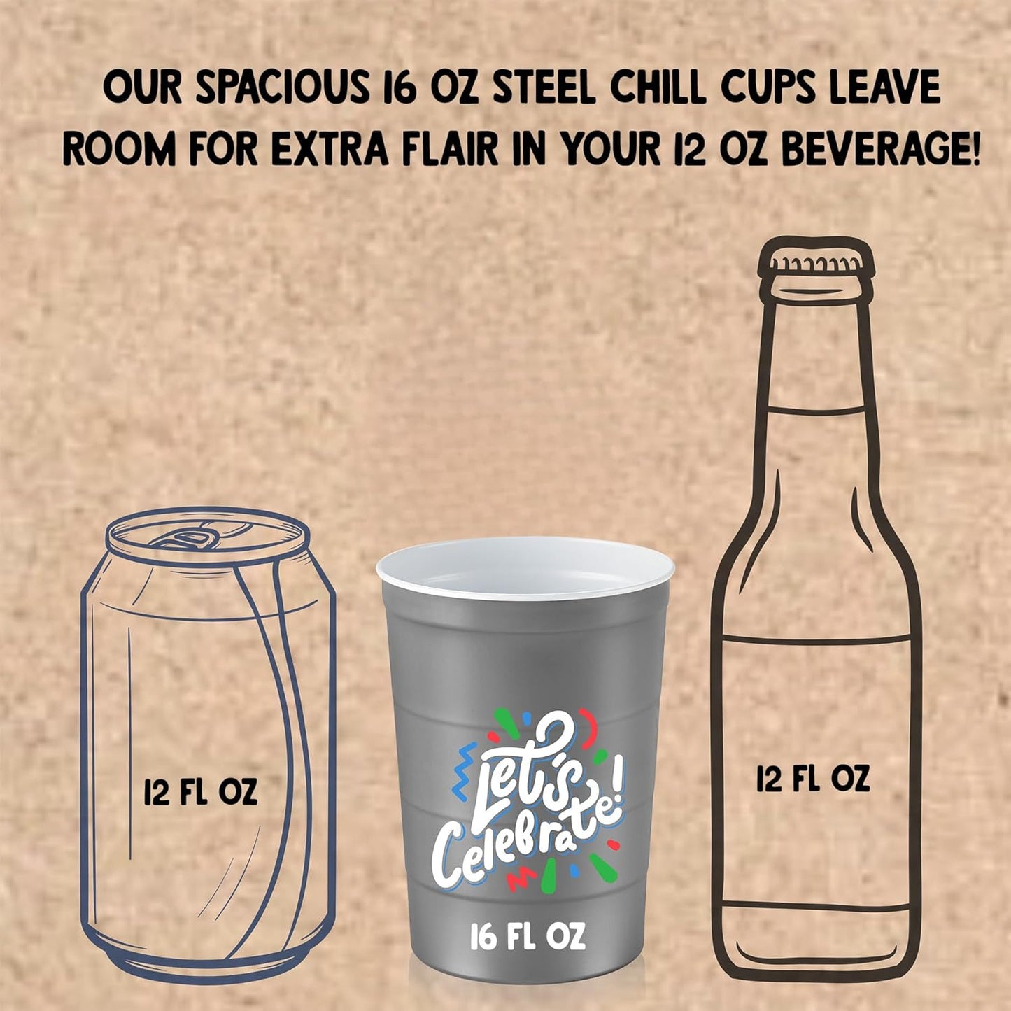 16 oz. Party Cups 'Let's Celebrate Let's Party' Design for Cold Drinks, Durable, Disposable, Recyclable, Made in USA, Gray, 12 Count