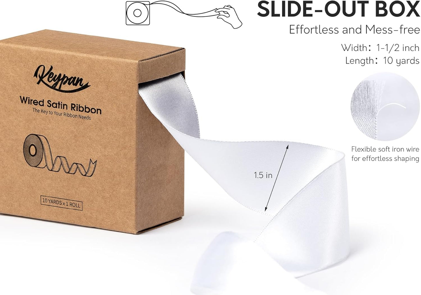 White Satin Ribbon Double-Faced Wired Ribbons for Gift Wrapping Flower Bouquet Bows Wedding Invitation Christmas Decor Crafts 1-1/2 Inch 10 Yards