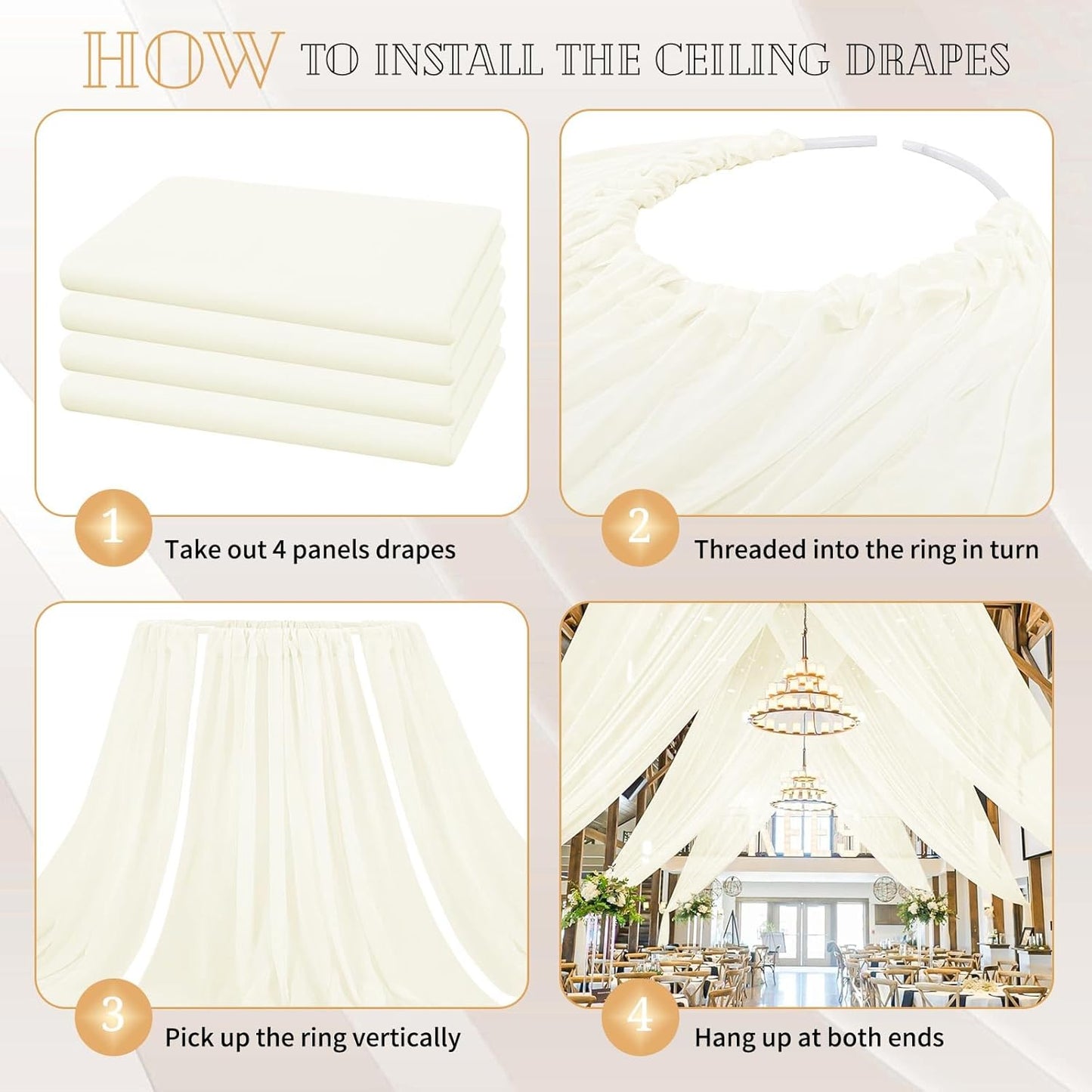 4 Panels Ivory Ceiling Drapes for Wedding 5ftx20ft Sheer Drapery Chiffon Fabric Arch Draping Curtains for Party Ceremony Birthday Baby Shower Reception Stage Ceiling Decorations