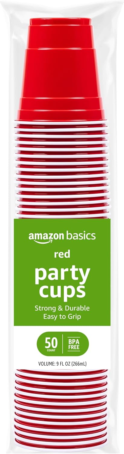 Amazon Basics Small Disposable Plastic Party Cups, Red, 9oz, 50 Count
