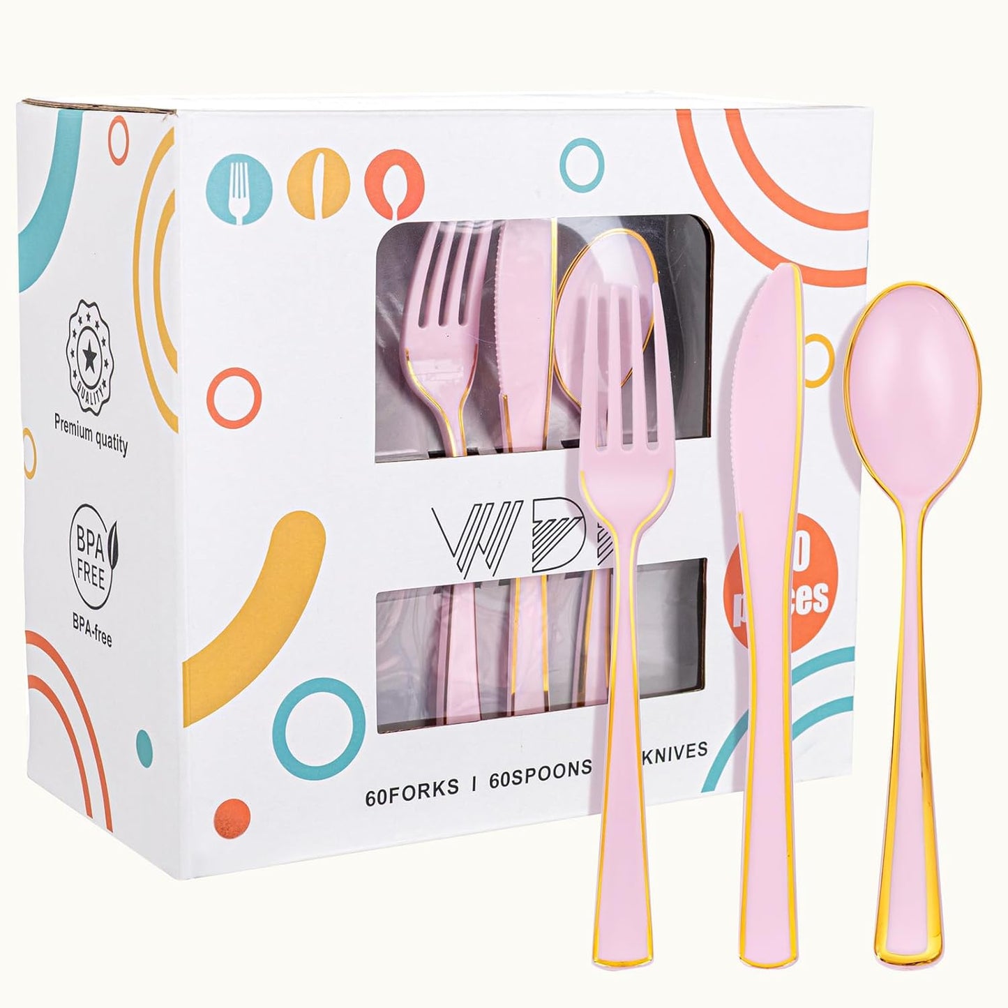 WDF 180 Pieces Pink Plastic Silverware with Gold -Pink Plastic Utensils Set - 60 Guest Pink Cutlery Disposable for Birthday/Party/Wedding