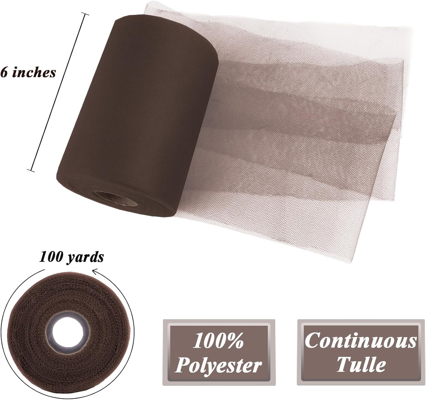 Brown Tulle Fabric Roll 6”by 100 Yards (300 ft) Soft Tulle Spool for DIY Crafting Favor Supplies, Tutus, Wedding, Party Decorations, Gift Wrapping