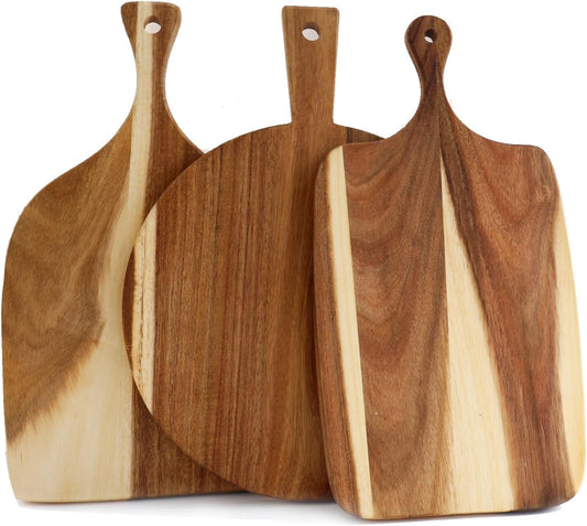 3 PACK Acacia Wood Chopping Boards with Handle, Wooden Charcuterie Board Food Serving Tray Platter for Cheese Pizza Meat Fruit Bread Baking