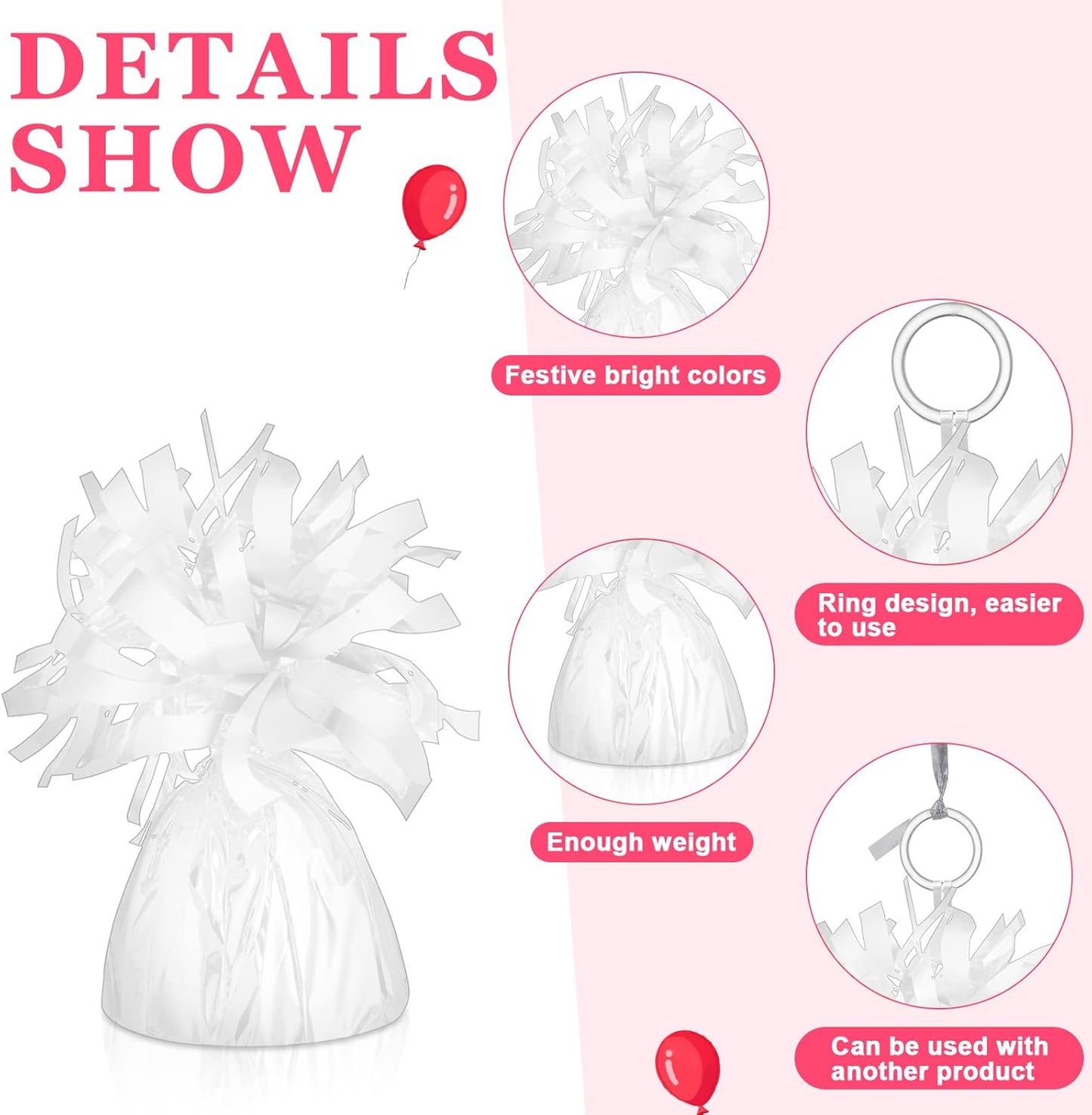 24 Pcs Balloon Weights Metallic Anchor Balloon Holder for Helium Balloons Heavy Table Weights and 1 Roll Iridescent Crimped Ribbon for Birthday Wedding Halloween Christmas Party(Silver, White)