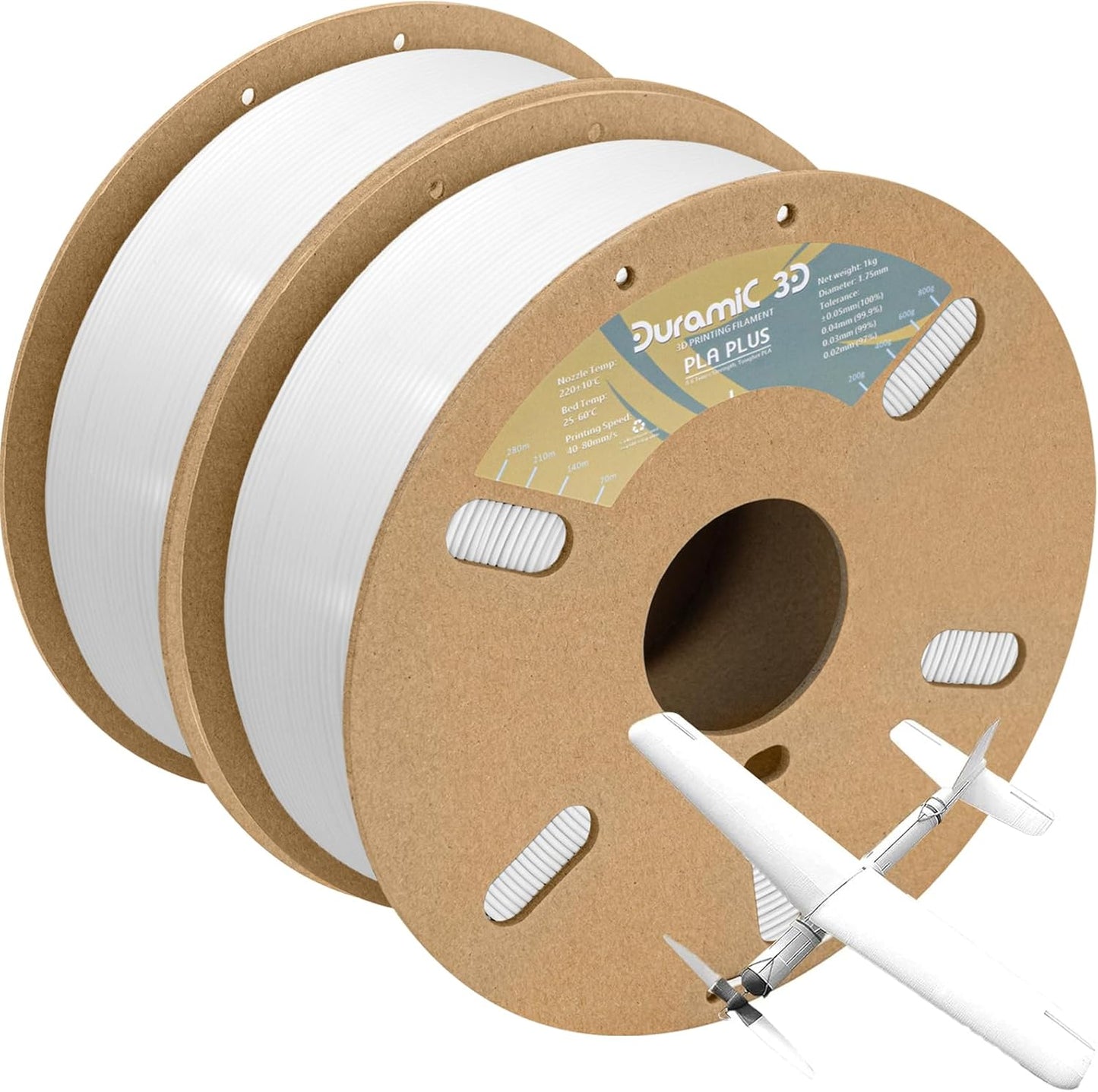 DURAMIC 3D PLA+ Filament 1.75mm 2Kg White, PLA Plus Filament 2 Pack 1kg Spool(2.2lbs) Tougher and Stronger, Dimensional Accuracy Probability +/- 0.02mm