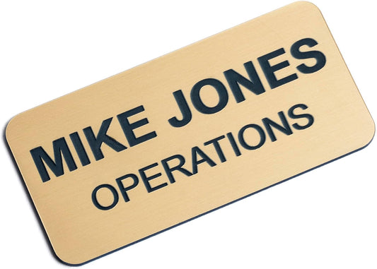 Custom Engraved Name Tag Badges – Personalized Identification with Pin or Magnetic Backing, 1.5 Inch x 3 Inches, European Gold/Navy