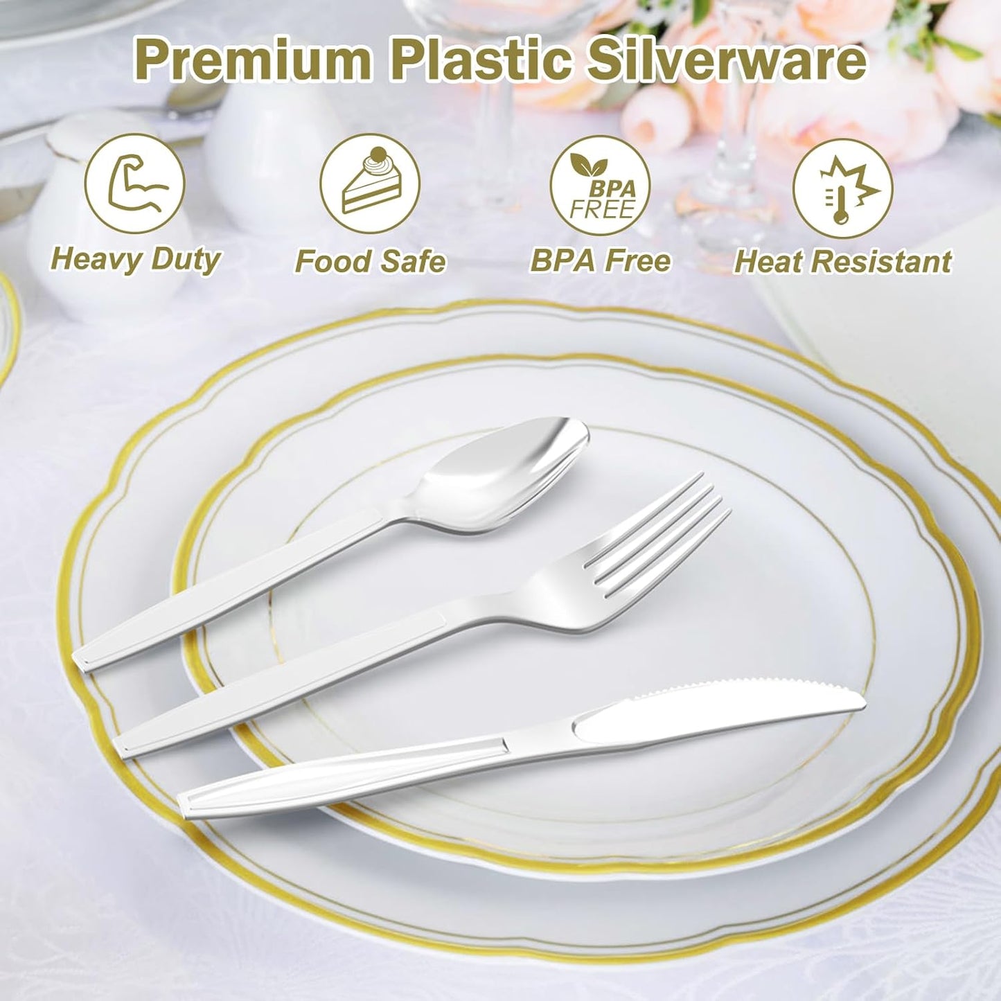 300 Count Extra Heavy Duty Silver Plastic Silverware, 100 Forks, 100 Spoons, 100 Knives, BPA-Free, Heat Resistant, Disposable Plastic Utensils Set, Plastic Cutlery Set, Plasticware Bulk