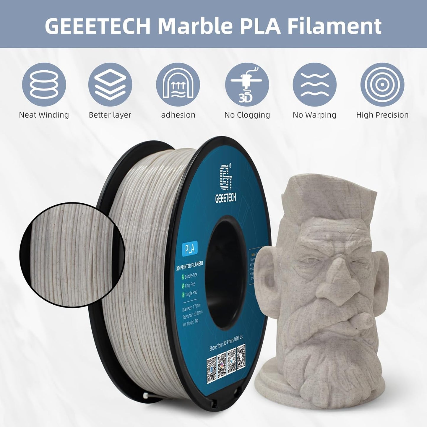 Geeetech Marble PLA Filament, 1.75mm 3D Printer Filament 1kg(2.2lbs), Dimensional Accuracy +/- 0.02 mm, Marble White-Brown Stone Color, Fit Most FDM Printer
