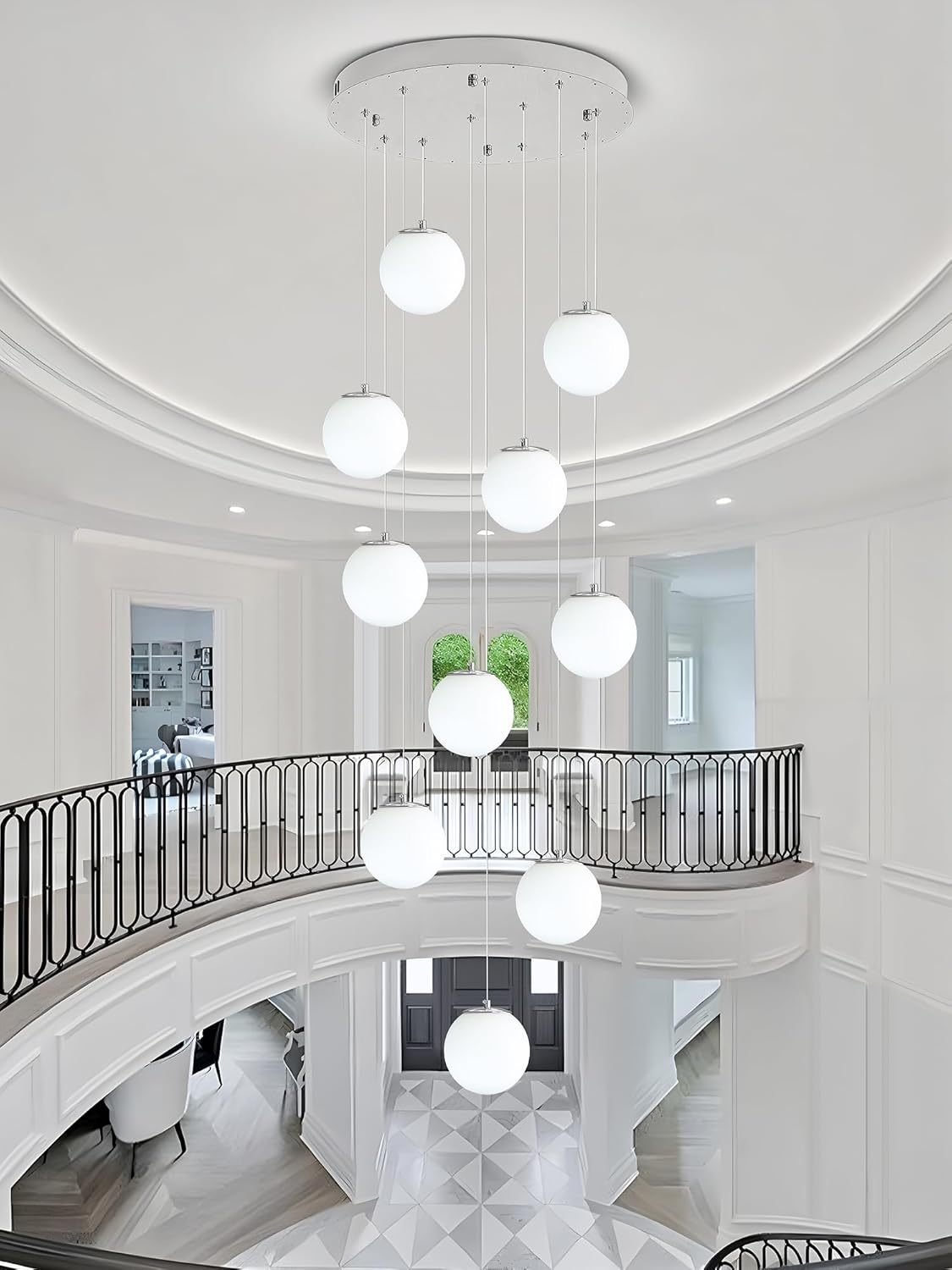 H118 Large Chandeliers for High Ceilings,12-Lights Mid Century Globe Chandelier Silver Modern Globe Pendant Light for Entryway Villas and Stairs