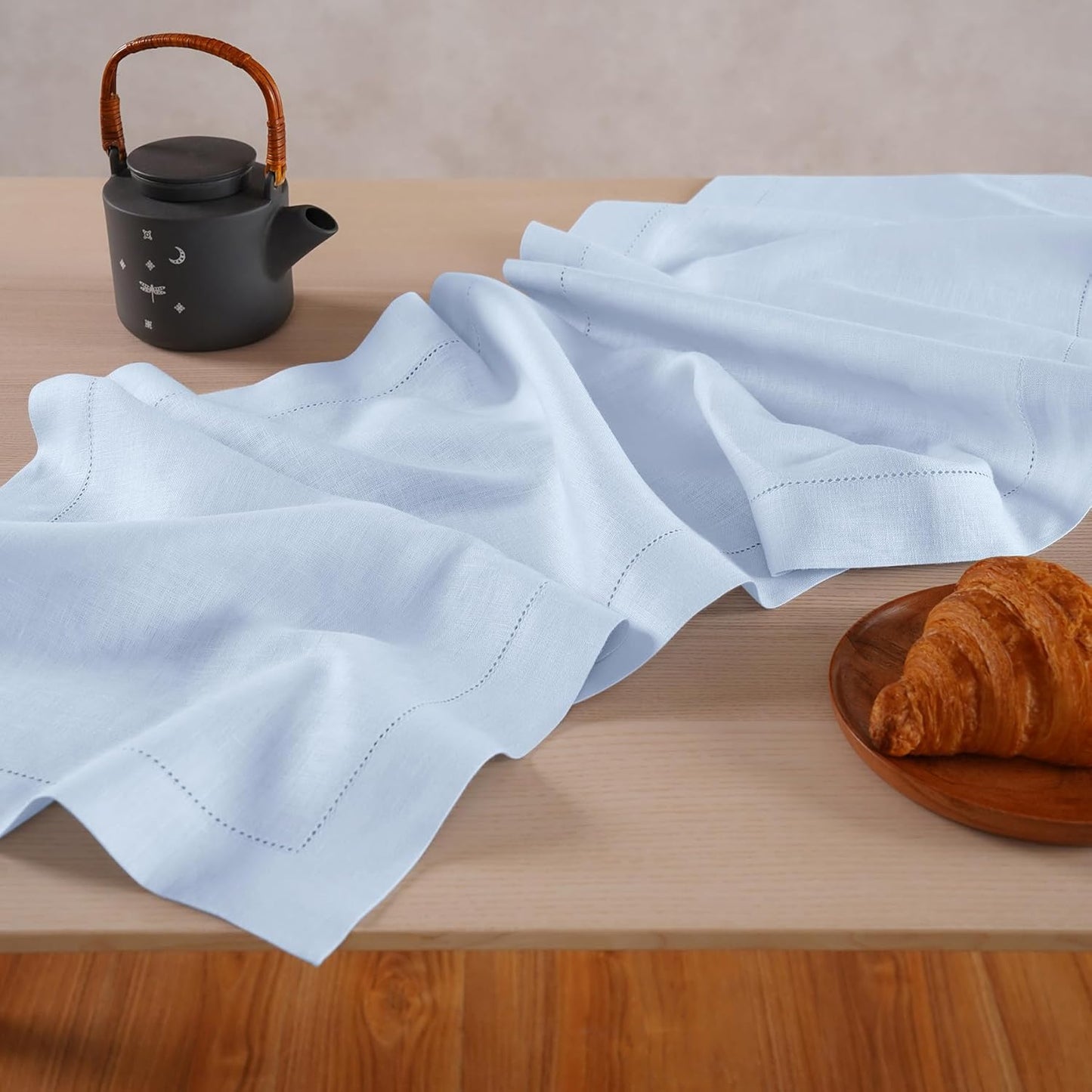 Light Blue Table Runner 72 inches Long – 100% Pure Linen Hemstitch 14 x 72 Inch Table Runner for Dining, Spring, Summer, Wedding Decorations, Gift – Elara