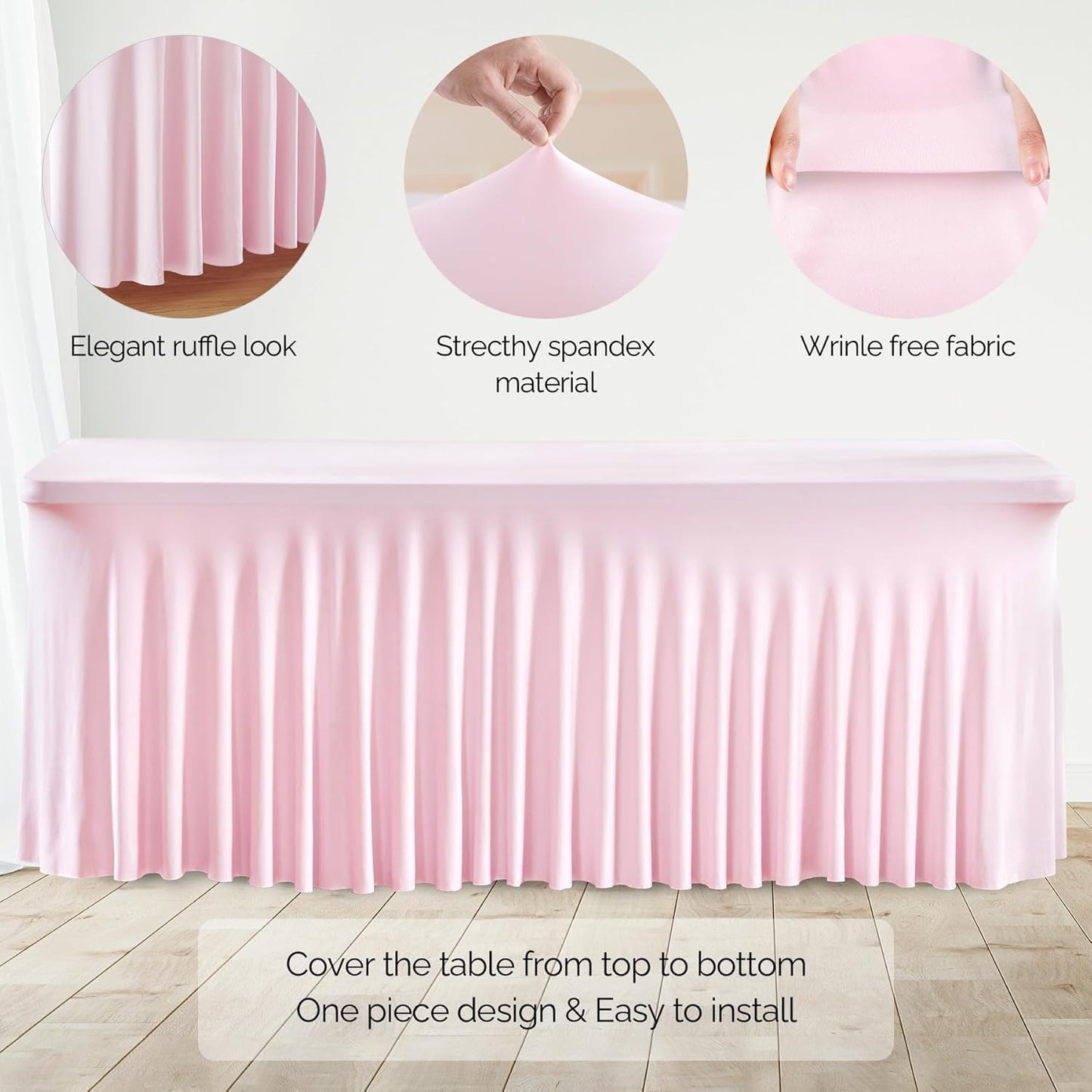 2 Pack Pink Spandex Table Clothes for 8 Foot Rectangle Tables, 8FT Wrinkle Free Fitted Tablecloths Ruffles Design Table Cover for Party, Banquet, Wedding and Events