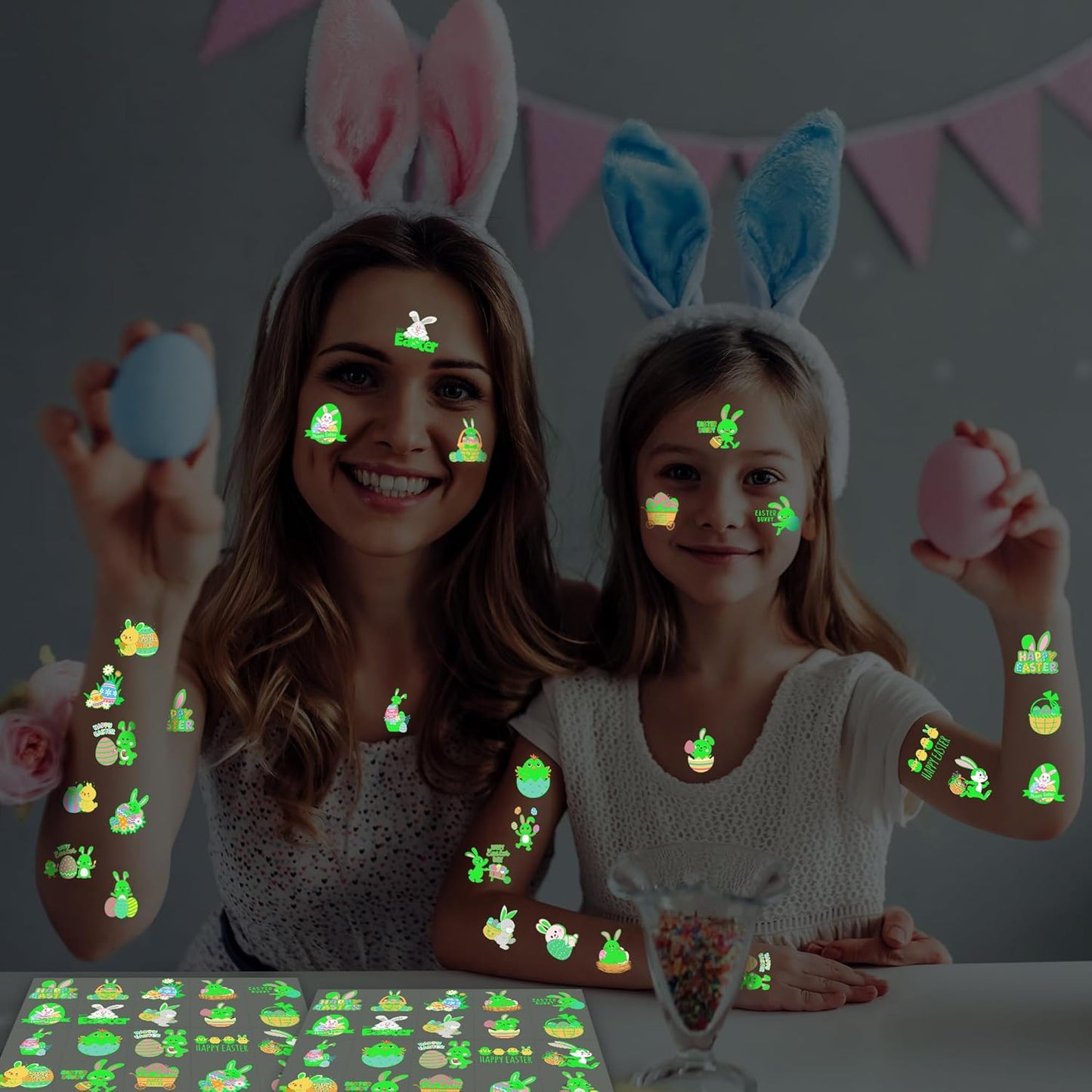 150 PCS Luminous Easter Tattoos for Kids, 25 Styles Glow Easter Stickers for Easter Basket Stuffers, Waterproof Easter Temporary Tattoos with Bunny Egg Chick for Easter Basket Filler Party Favors