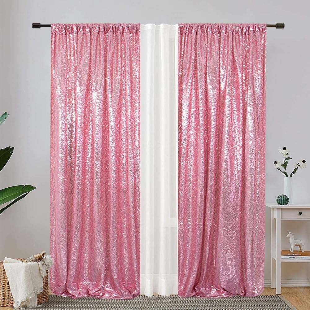 Eternal Beauty Fuchsia Pink Sequin Backdrop Curtains, Shimmer Back Drop 4Panels-2FTx8FT for Christmas, Party, Birthday, Photography, Wedding, Baby Shower Event Decoration