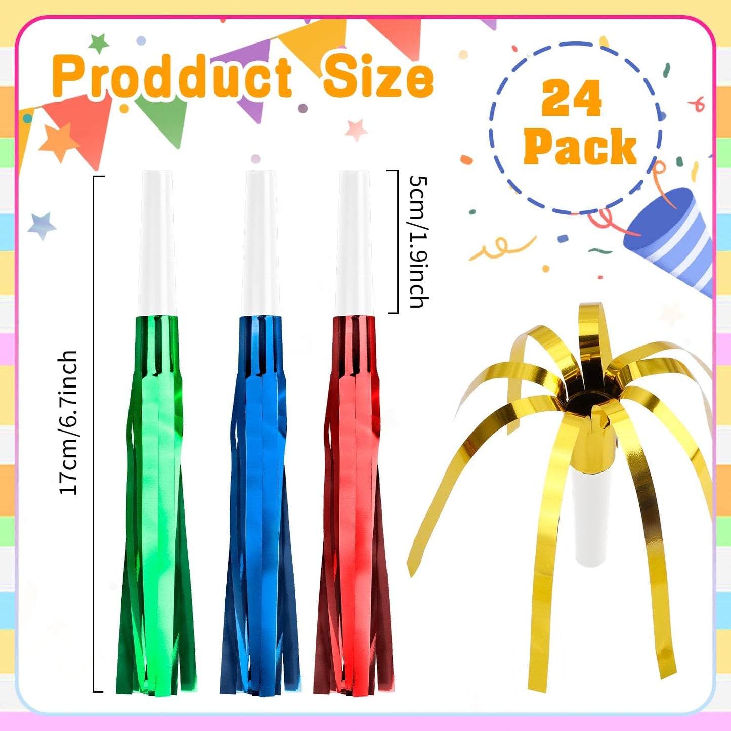 Noise Makers, 24 PCS Gold Noise Makers, Glitter Metallic Fringed Party Blowers Noisemakers Horns for Adults for 2025 New Year Eve Party Birthday Sporting Events Favor Supplies Decorations (Mixcolor)