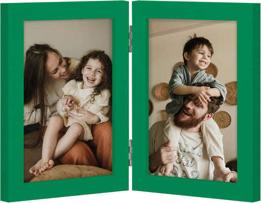 decorUhome Double 4x6 Picture Frame Vertical, Engineered Wood Bifold Photo Frame with Plexiglass for Tabletop Display, 4x6, Green